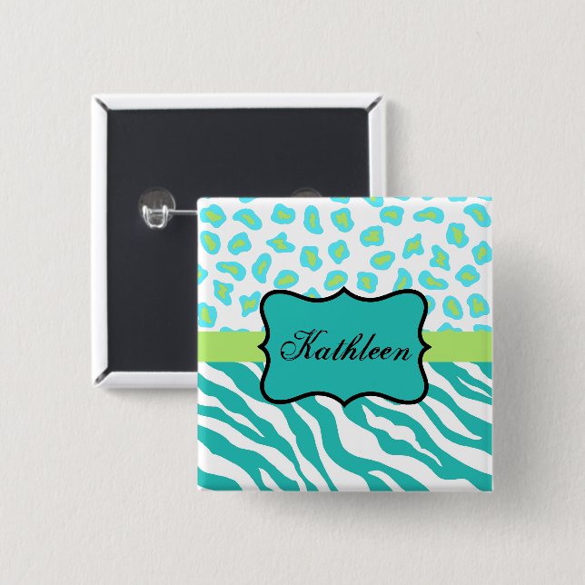 Zebra & Cheetah Name Badge Teal, Lime Green White Button (Front & Back)