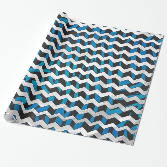 Zebra Chevron Black and Blue Wrapping Paper (Unrolled)