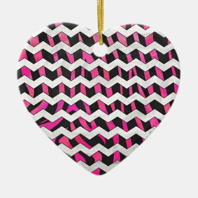 Zebra Chevron Black and Hot Pink Ceramic Ornament (Front)