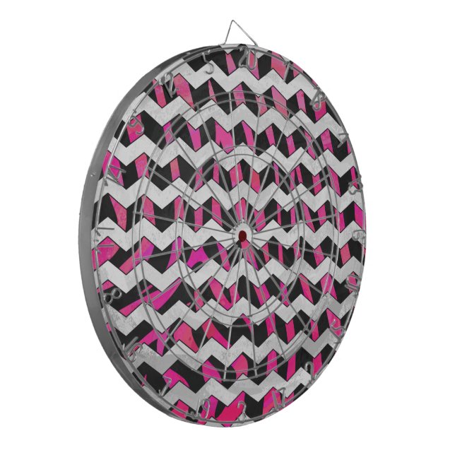 Zebra Chevron Black and Hot Pink Dartboard With Darts (Front Left)