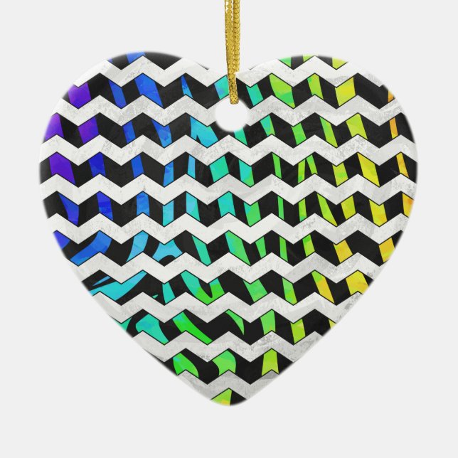 Zebra Chevron Black and Rainbow Print Ceramic Ornament (Front)