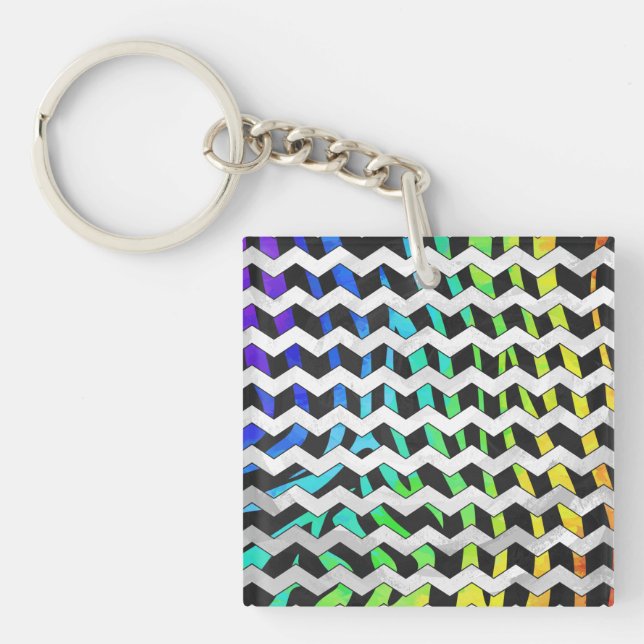 Zebra Chevron Black and Rainbow Print Keychain (Front)