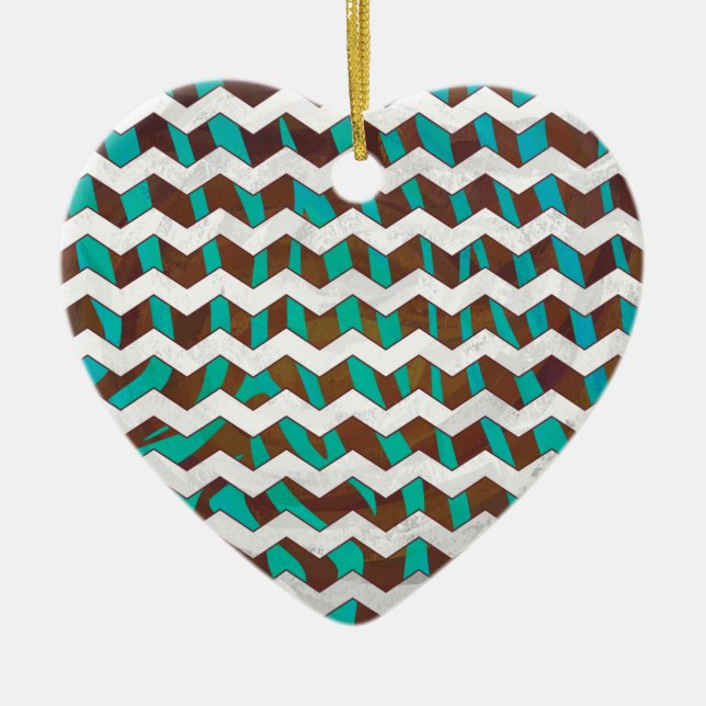 Zebra Chevron Brown and Teal Print Ceramic Ornament (Front)
