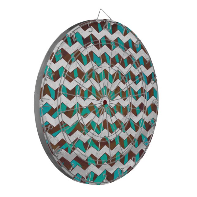 Zebra Chevron Brown and Teal Print Dartboard With Darts (Front Left)