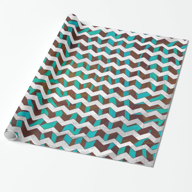 Zebra Chevron Brown and Teal Print Wrapping Paper (Unrolled)