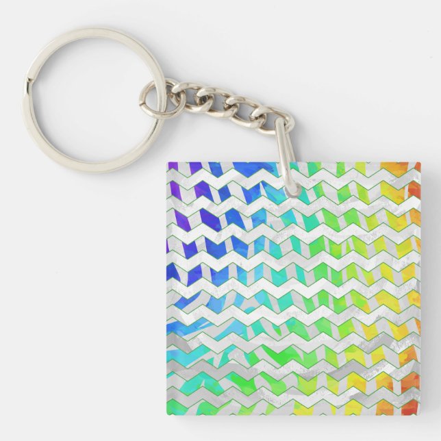 Zebra Chevron Rainbow and White Print Keychain (Front)
