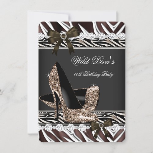 Zebra Chocolate Brown White Heels Birthday Party D Invitation