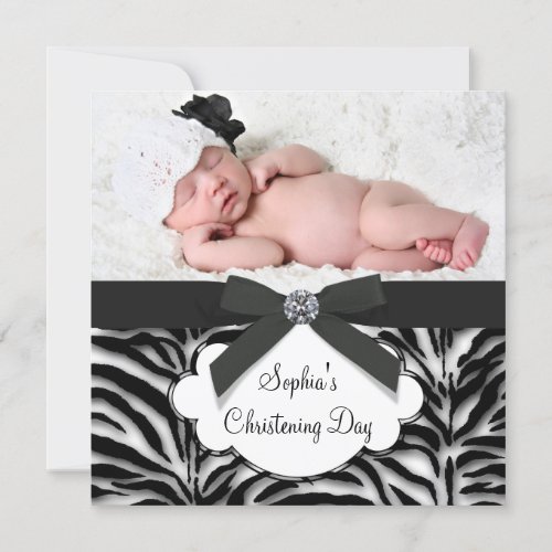 Zebra Baby Girl Photo Christening Custom Announcements