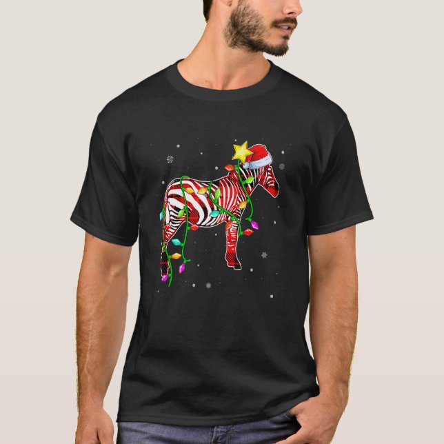 Zebra  Christmas  Santa Hat Xmas Lights Holidays T-Shirt (Front)