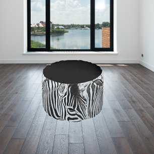 Zebra Close-Up Round Pouf – Original Black & White