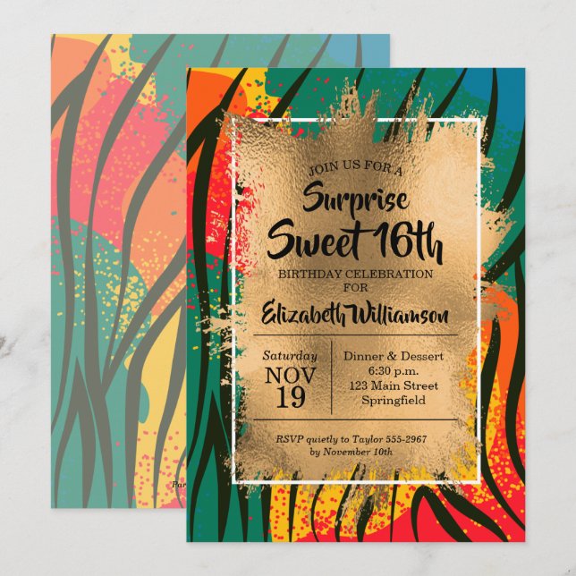 Zebra Colorful Sweet 16th Birthday Invitations (Front/Back)