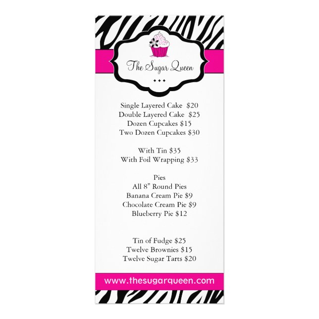 Zebra Cupcake Bakery Price List Rack Card (Front)