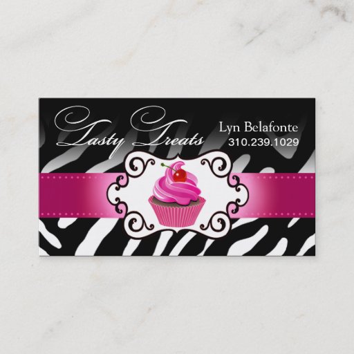 Customizable Zebra Cupcake Frame "Tasty Treats" fuschia Business Cards