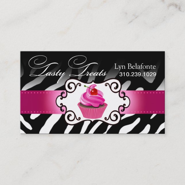 Zebra Cupcake Frame "Tasty Treats" fuschia Business Card (Front)
