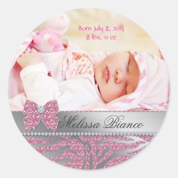 Zebra Cute Bow Baby Girl Announcement Sticker by BabyDelights at Zazzle