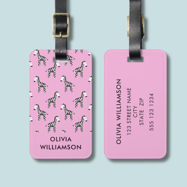 Zebra cute kids pink luggage tag (Pink zebra personalized luggage tag)