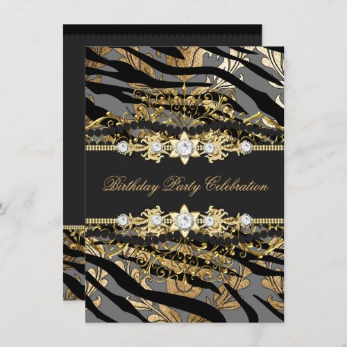 Zebra Damask Gold Black Foil Beige Elegant Party Invitation