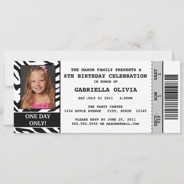 Zebra Event Ticket Birthday Party Invitation (Front)