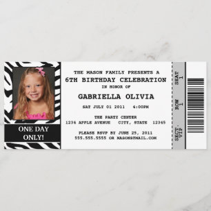 Zebra Event Ticket Birthday Party Invitation