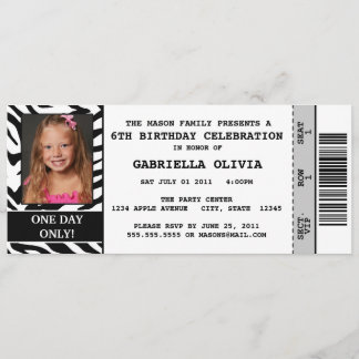 Zebra Event Ticket Birthday Party Invitation