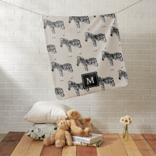 Zebra Exotic Animal Pattern Beige Monogram Baby Blanket
