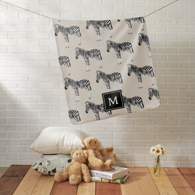 Zebra Exotic Animal Pattern Beige Monogram Baby Blanket (In Situ)