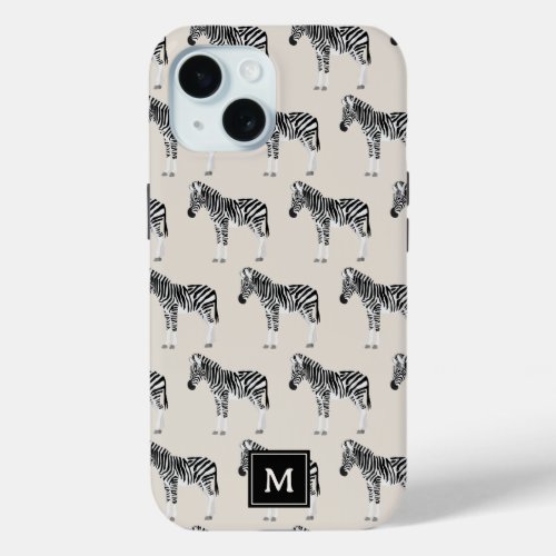 Zebra Exotic Animal Pattern Beige Monogram iPhone 15 Case