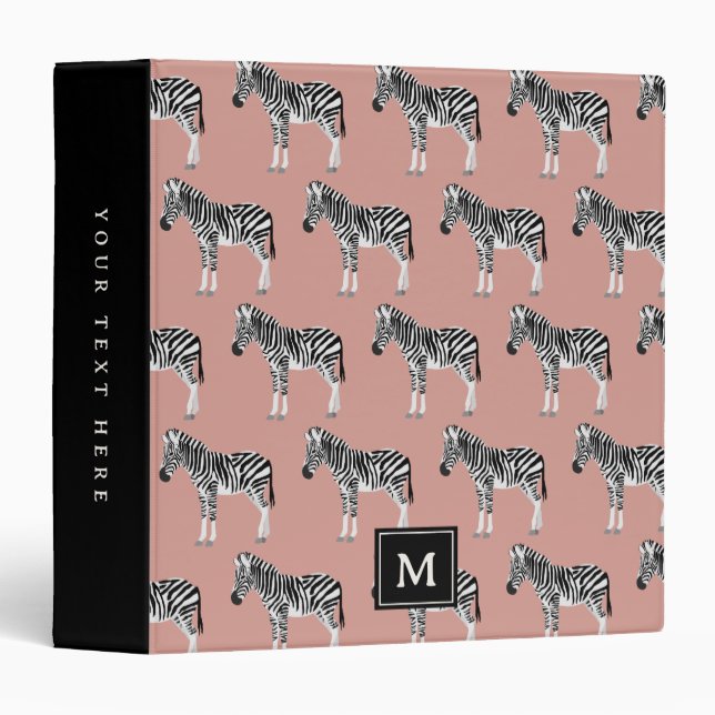 Zebra Exotic Animal Pattern Blush Pink Monogram 3 Ring Binder (Front/Spine)