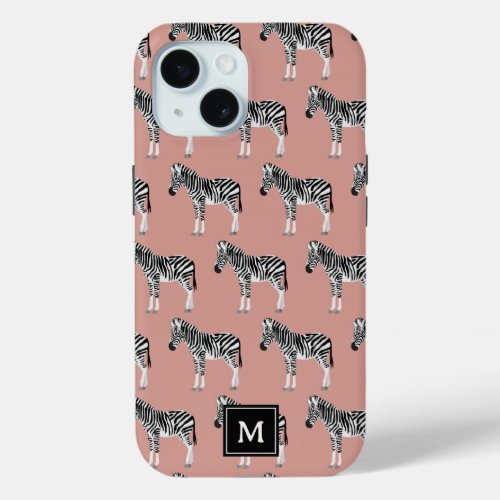 Zebra Exotic Animal Pattern Blush Pink Monogram iPhone 15 Case