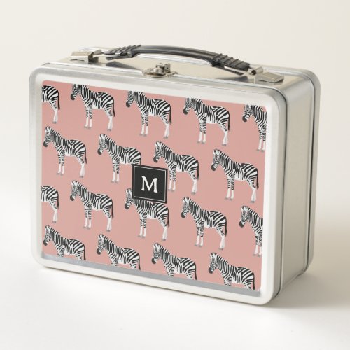 Zebra Exotic Animal Pattern Blush Pink Monogram Metal Lunch Box