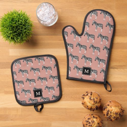 Zebra Exotic Animal Pattern Blush Pink Monogram Oven Mitt  Pot Holder Set