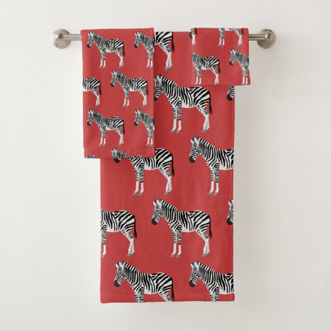 Zebra Exotic Animal Pattern Deep Red Bath Towel Set (Insitu)