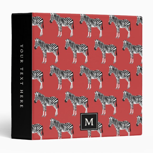 Zebra Exotic Animal Pattern Deep Red Monogram 3 Ring Binder (Front/Spine)
