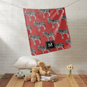 Zebra Exotic Animal Pattern Deep Red Monogram Baby Blanket