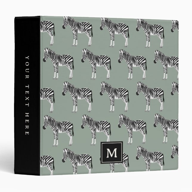 Zebra Exotic Animal Pattern Sage Green Monogram 3 Ring Binder (Front/Spine)