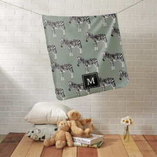 Zebra Exotic Animal Pattern Sage Green Monogram Baby Blanket