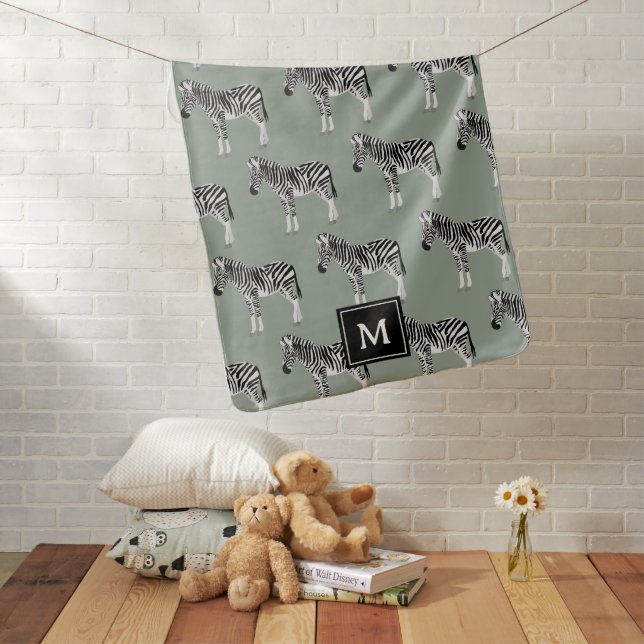 Zebra Exotic Animal Pattern Sage Green Monogram Baby Blanket (In Situ)