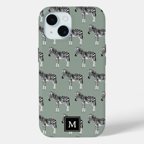 Zebra Exotic Animal Pattern Sage Green Monogram iPhone 15 Case