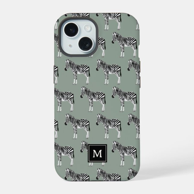 Zebra Exotic Animal Pattern Sage Green Monogram Iphone Case (Back)