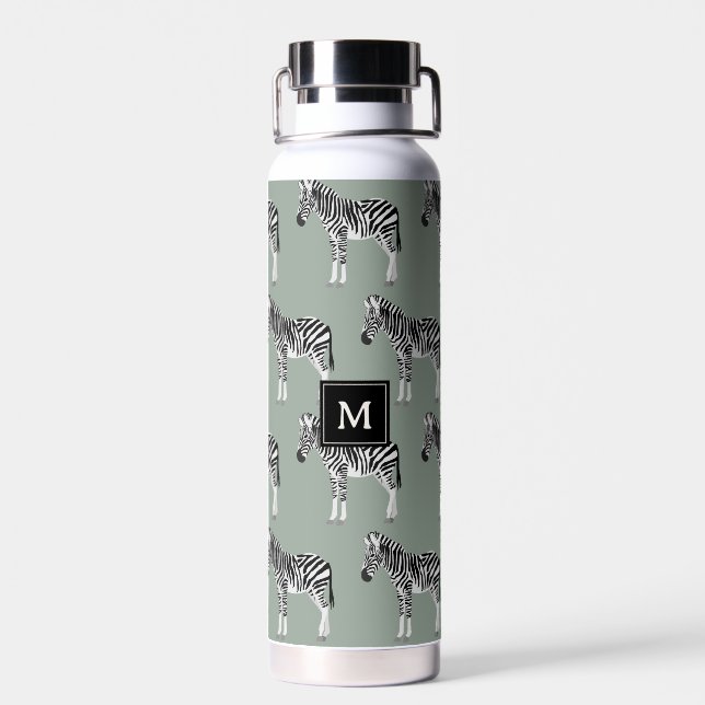 Zebra Exotic Animal Pattern Sage Green Monogram Water Bottle (Back)