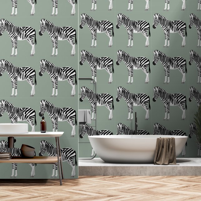 Zebra Exotic Animal Pattern Sage Green  Wallpaper (Bathroom)