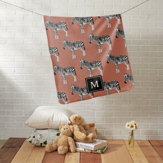 Zebra Exotic Animal Pattern Terracotta Monogram Baby Blanket (In Situ)