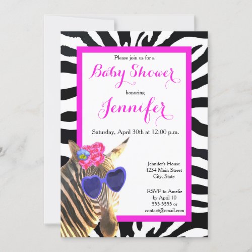 Zebra fashion glamour wild animal girl baby shower invitation