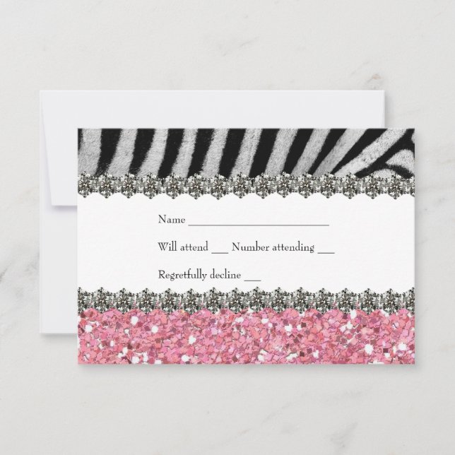 Zebra Faux Rhinestone Pink Glitter RSVP Card (Front)