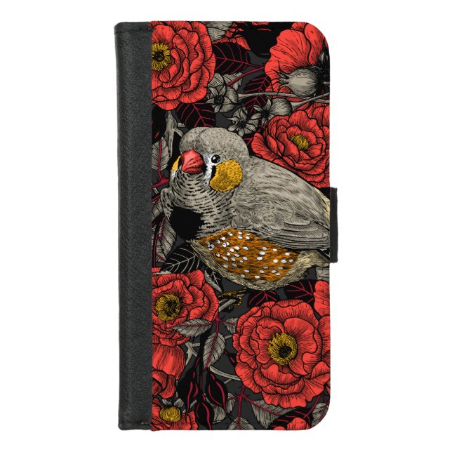 Zebra finch and red rose bush iPhone wallet case (Front)