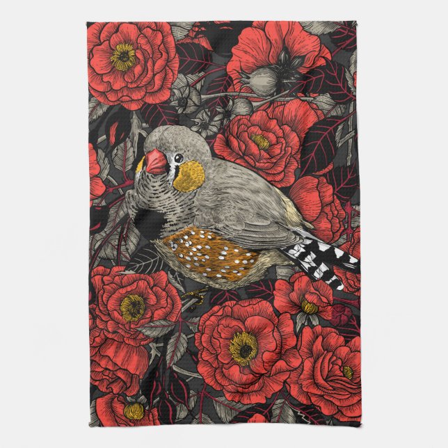 Zebra finch and red rose bush kitchen towel (Vertical)