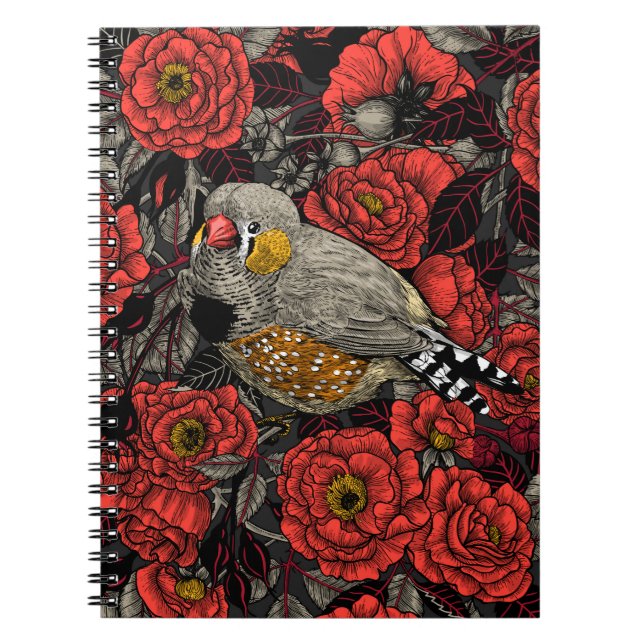 Zebra finch and red rose bush notebook (Front)