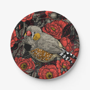 Zebra finch and red rose bush paper plates