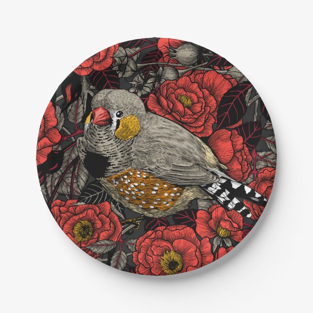 Zebra finch and red rose bush paper plates (Front)