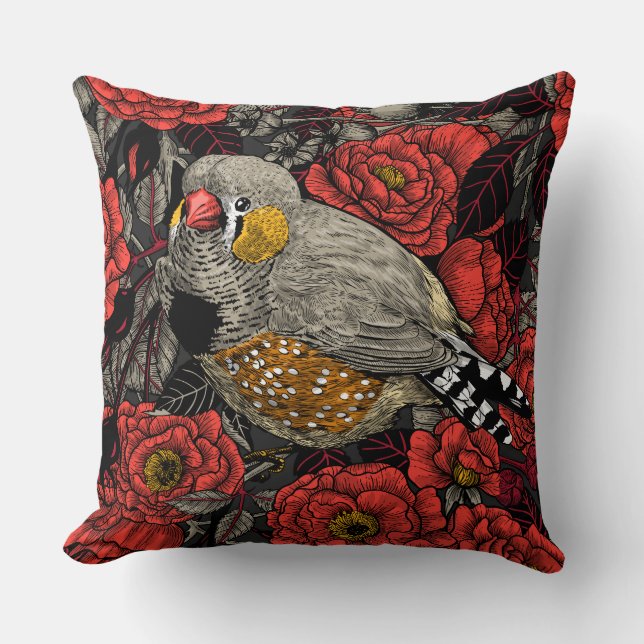 Zebra finch and red rose bush throw pillow (Front)